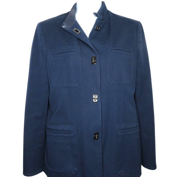 Vintage 90s Ralph Lauren Navy Military-Inspired Jacket Coat Leather Trim Collar - Picture 1 of 16